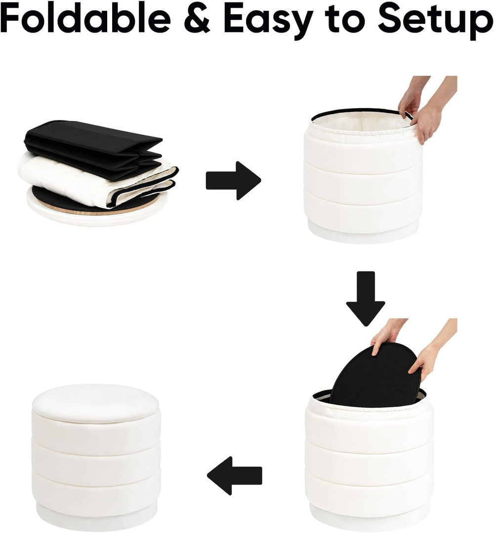Round Storage Ottoman, 15.4" Velvet Footstool, White