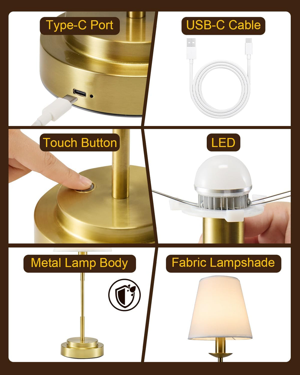 Rechargeable Cordless Table Lamp Brass 17‑inch,6000mAh Built‑in Battery