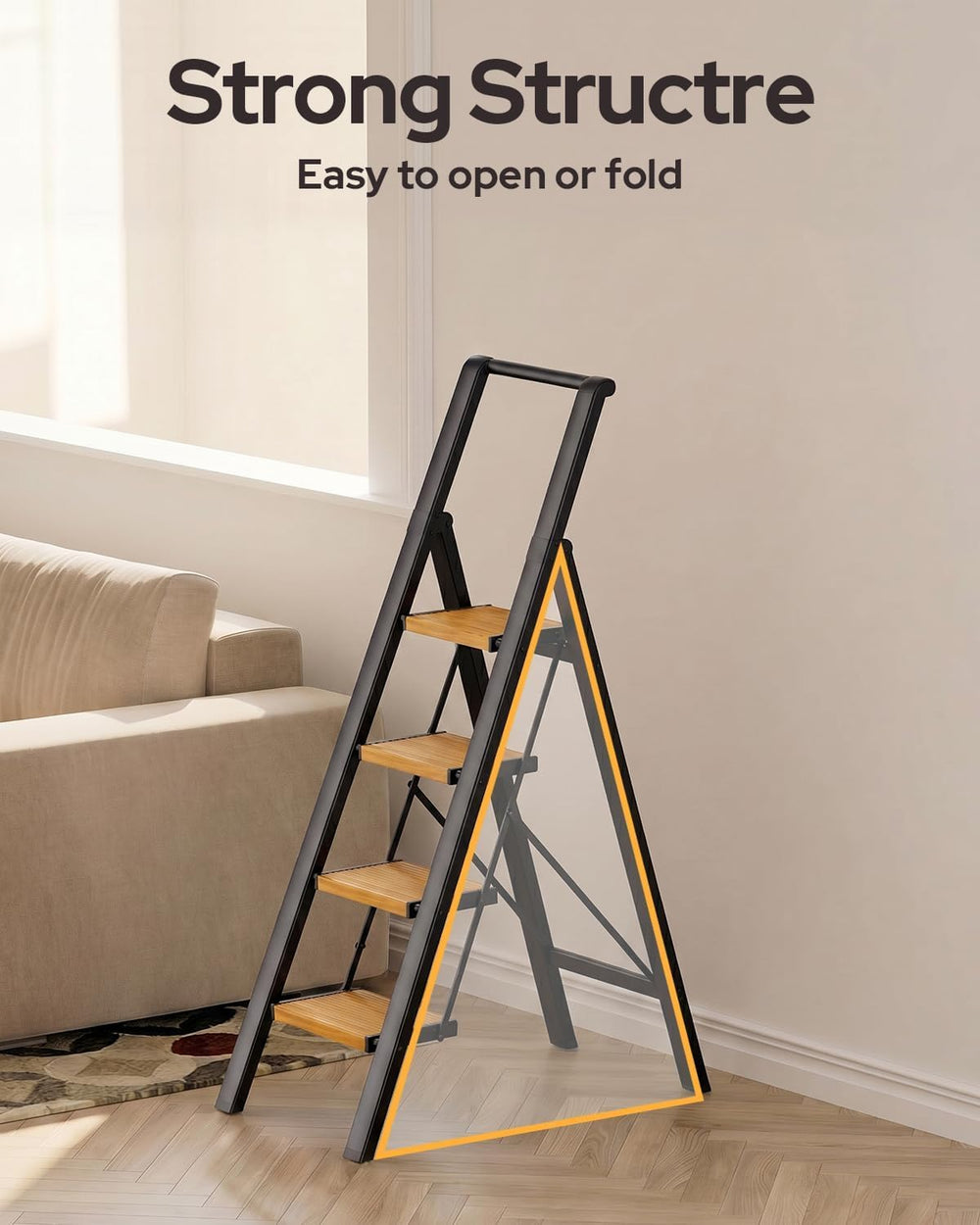 4 Step Ladder, Foldable 4 Step Stool, Black & Woodgrain