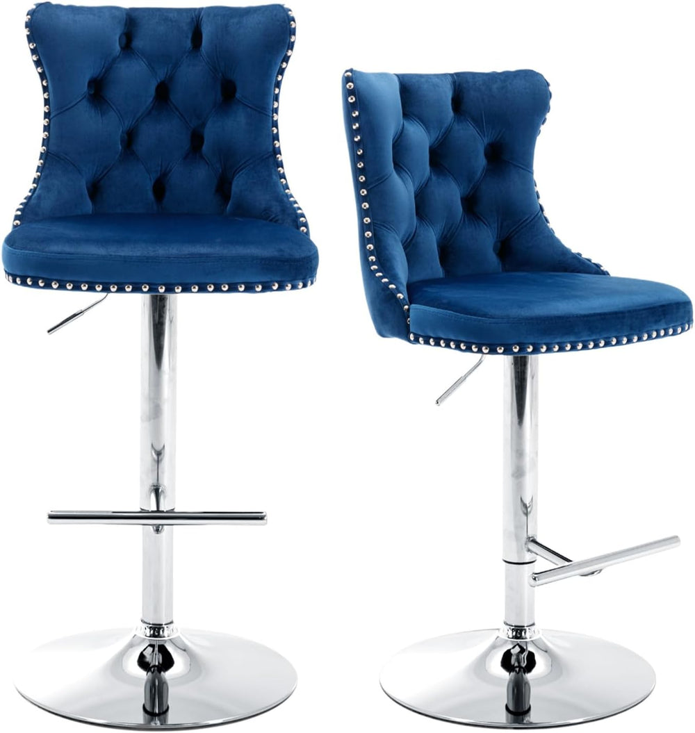 Velvet Bar Stool Set of 2, Adjustable Swivel Bar Stools with Silver Plated Me...