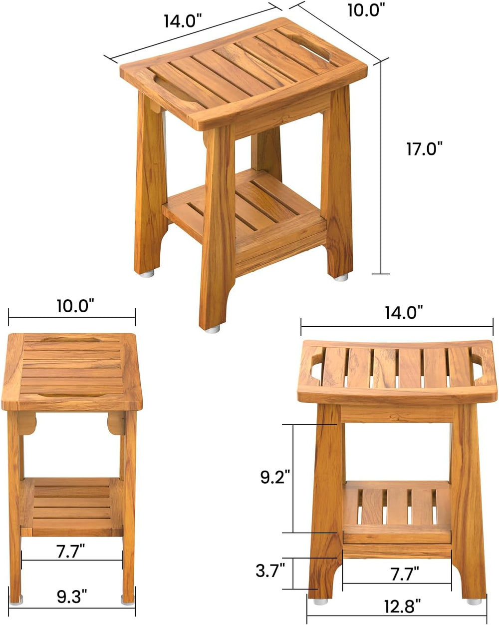 NNN 14" Compact Teak Shower Stool with Japan-Made Non-Slip Leveling Feet