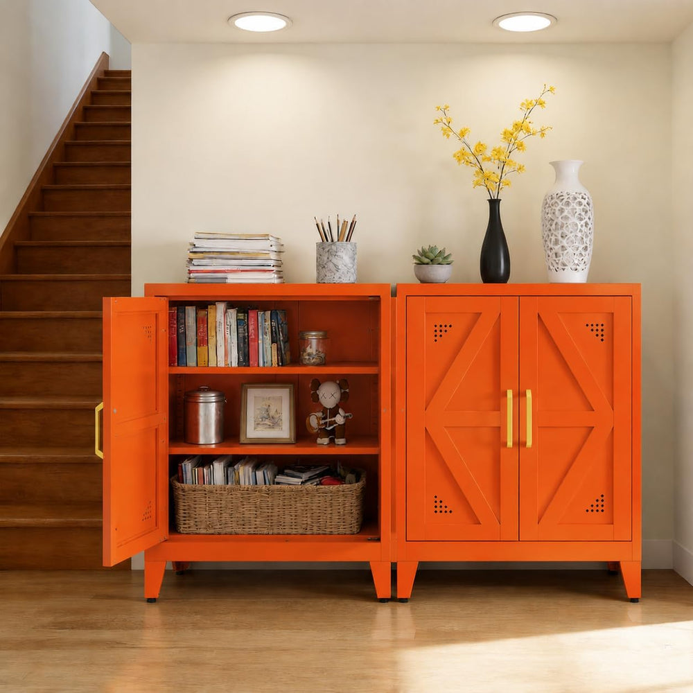 Metal Storage Cabinet with Adjustable Shelves and Doors, Orange