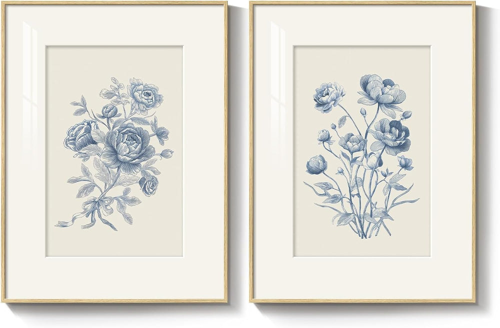 Framed Vintage Blue Floral Botanical Wall Art for Living Room, 2 Piece