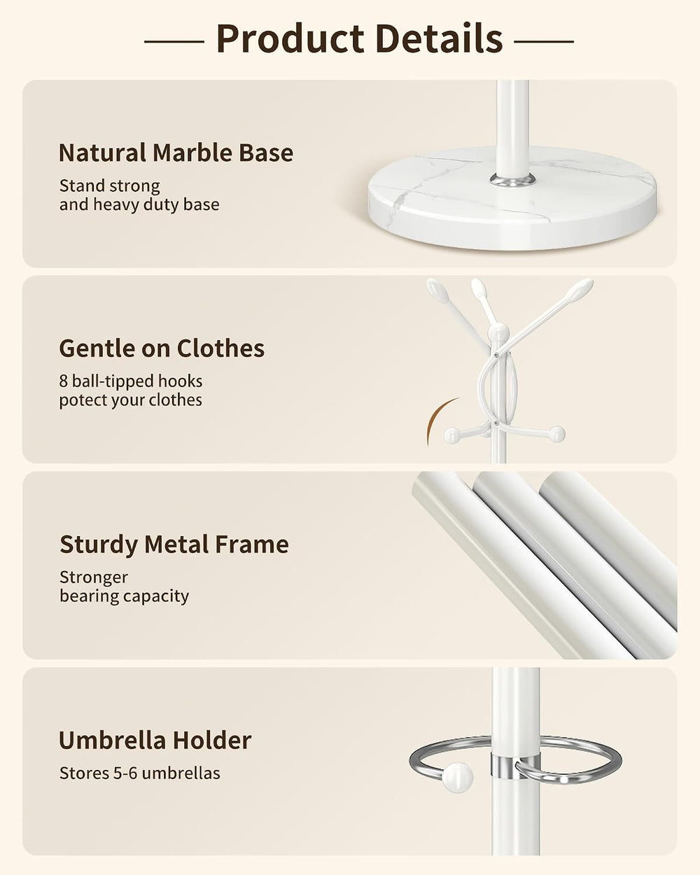 ZOZOE Coat Rack Stand with 10 Hooks Marble Base & Umbrella Holder