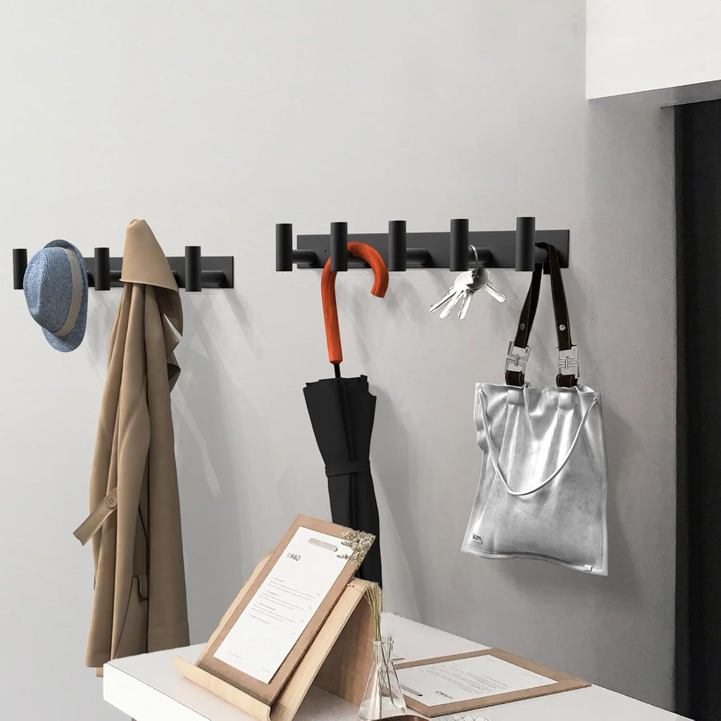 VAEHOLD Black Hat and Coat Wall Mount Rack 5 Hooks for Robes, Bags, Keys, and Towels Bathroom Towel Hanger Organizer (2 Pack)