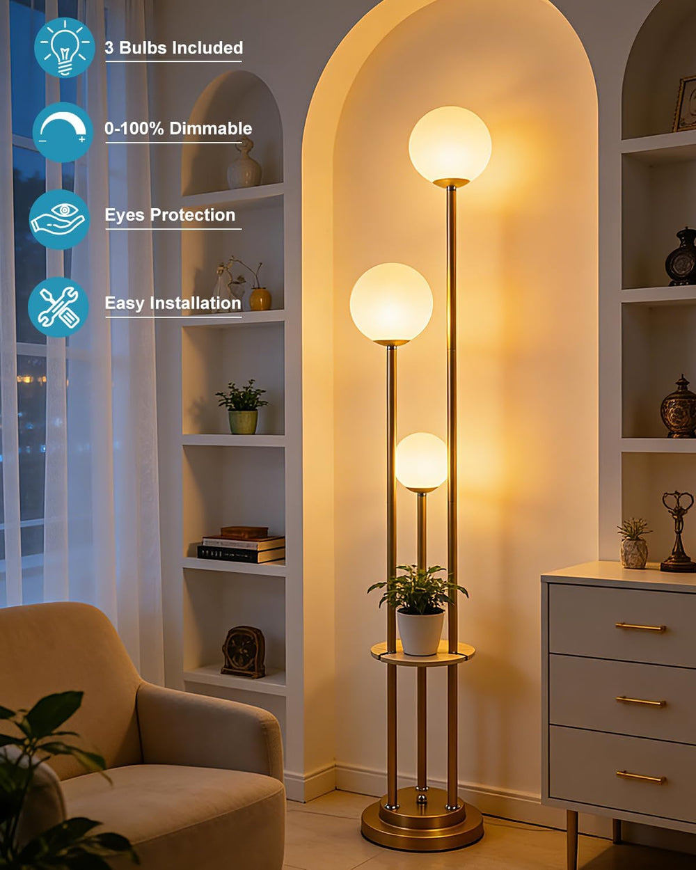 Lightdot Gold Floor Lamp 3-Lights Dimmable Floor Lamps with Tray 3000K Bulbs ...