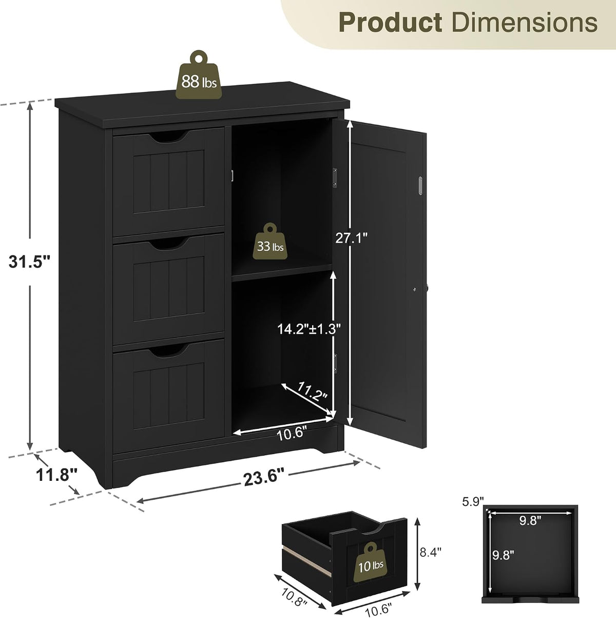 SUPER DEAL Bathroom Storage Cabinet with 3 Drawers and 1 Door, Entryway Home Decor Furniture Towels Storage Organizer Unit, Black