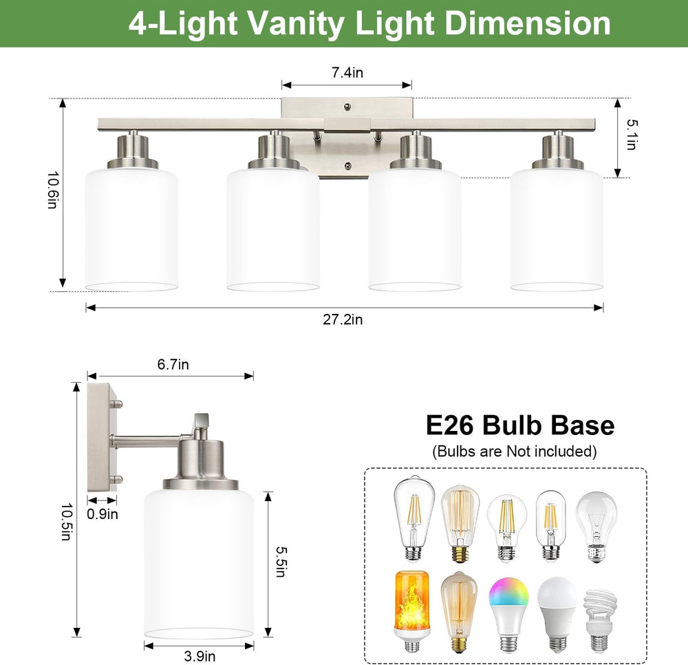 MOKATNG 4-Light Vanity Light with Milky White Shades, Brushed Nickel Bathroom...