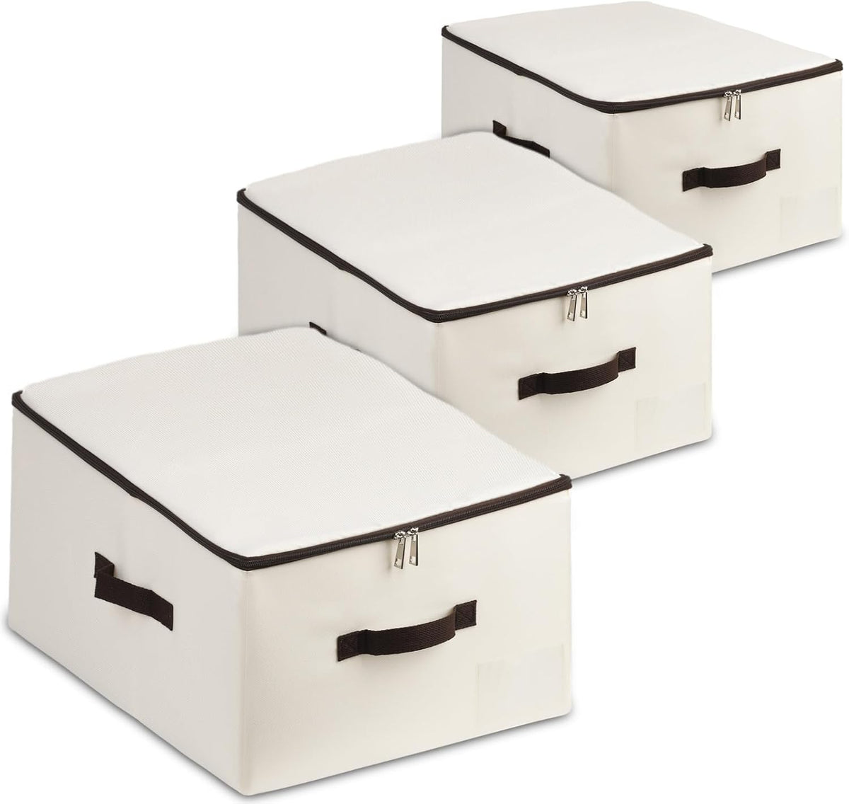 AMJ Fabric Storage Bin with Lid – Foldable for Clothes, Blankets – Beige Storage Box – Wardrobe-Optimized & Breathable (Set of 3)