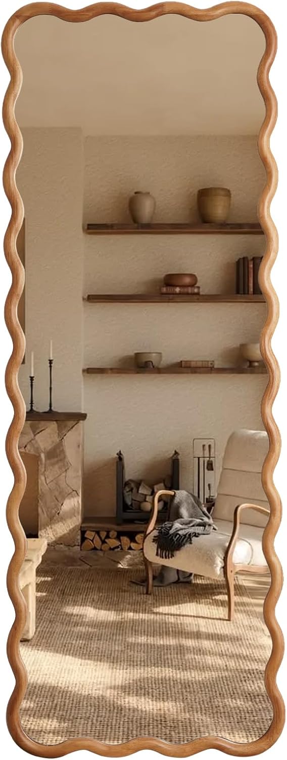 HOMECOOKIN 24"x65" Wood Full Length Mirror, Arched Natural Wood Boh...