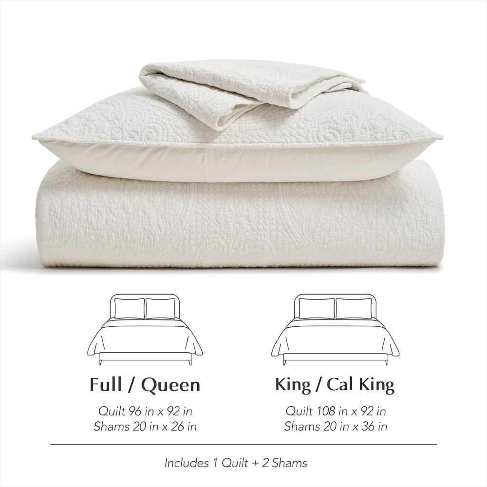 EverGrace 100% Cotton Medallion Stitch Quilt Set, King Size, Bright White