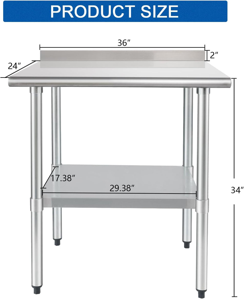HARDURA Stainless Steel Prep & Work Table 24 x 36 Inches Backsplash