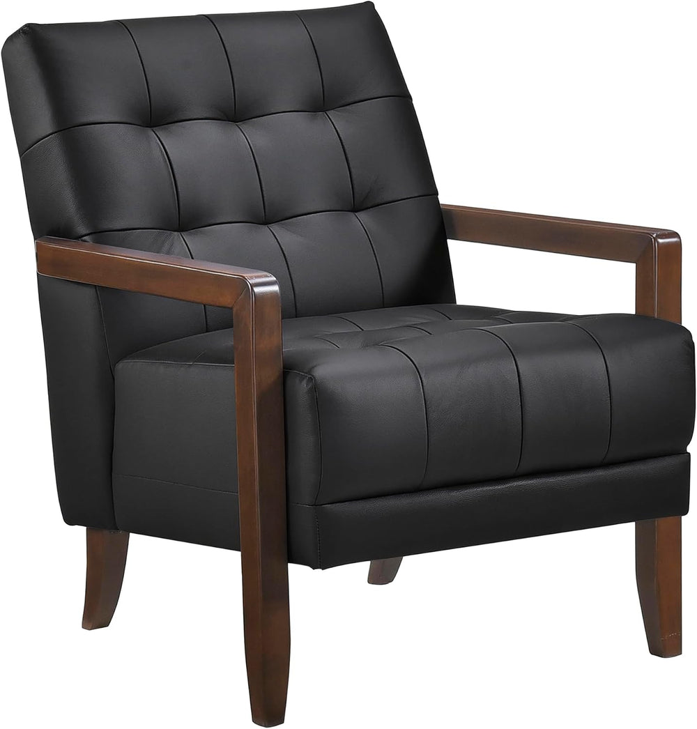 Lexicon Modern Leather Match Accent Chair,Tufted, Solid Wood Arms,Black