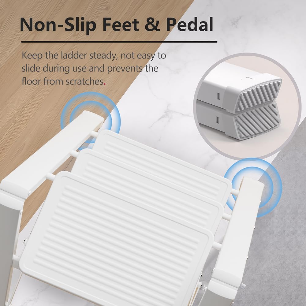 SOLADDER 3 Step Ladder, Folding Step Stool, Lightweight Stepladder, White