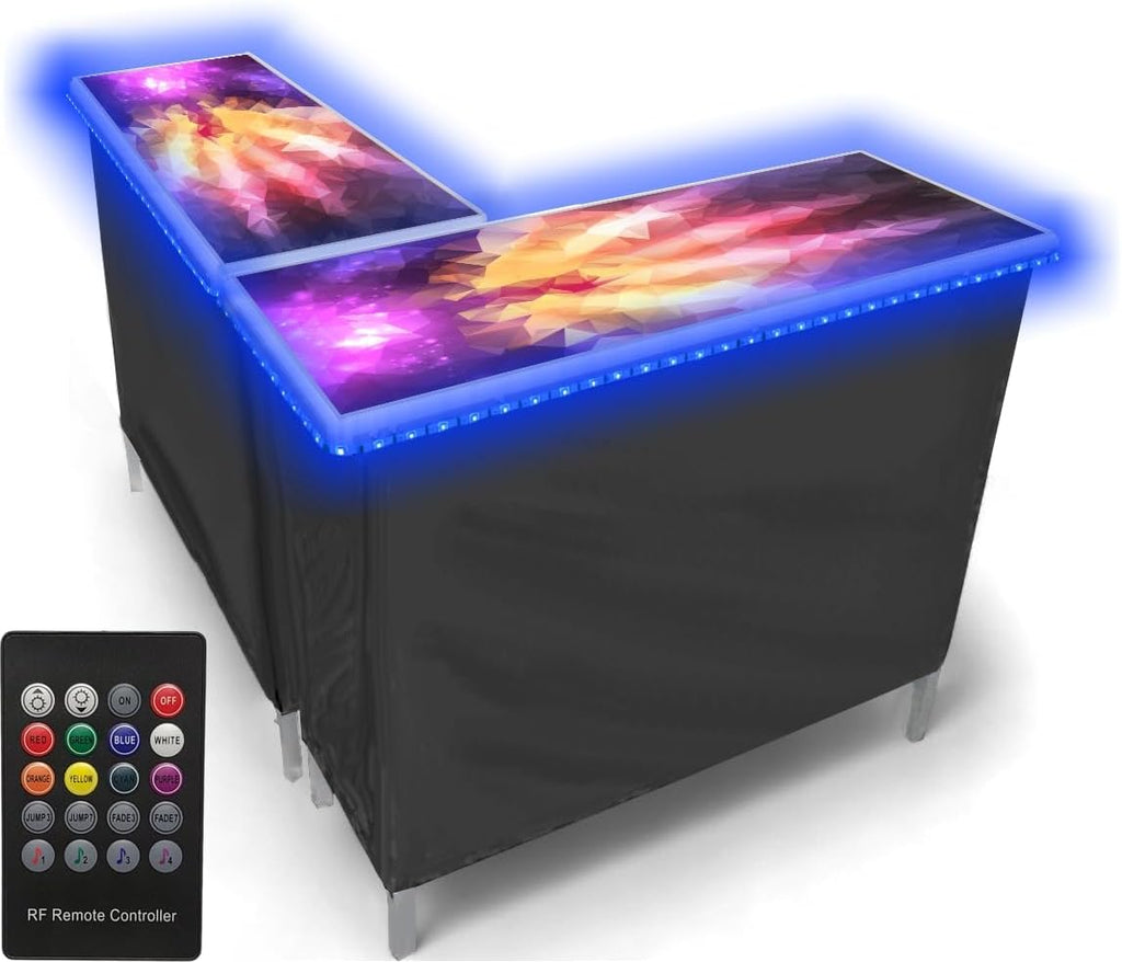 PARTYPONG Folding Portable Double Bar w/LED Lights, Wireless Remote, 2 Bar Skirts, Storage Shelf, & Carrying Case - Prism