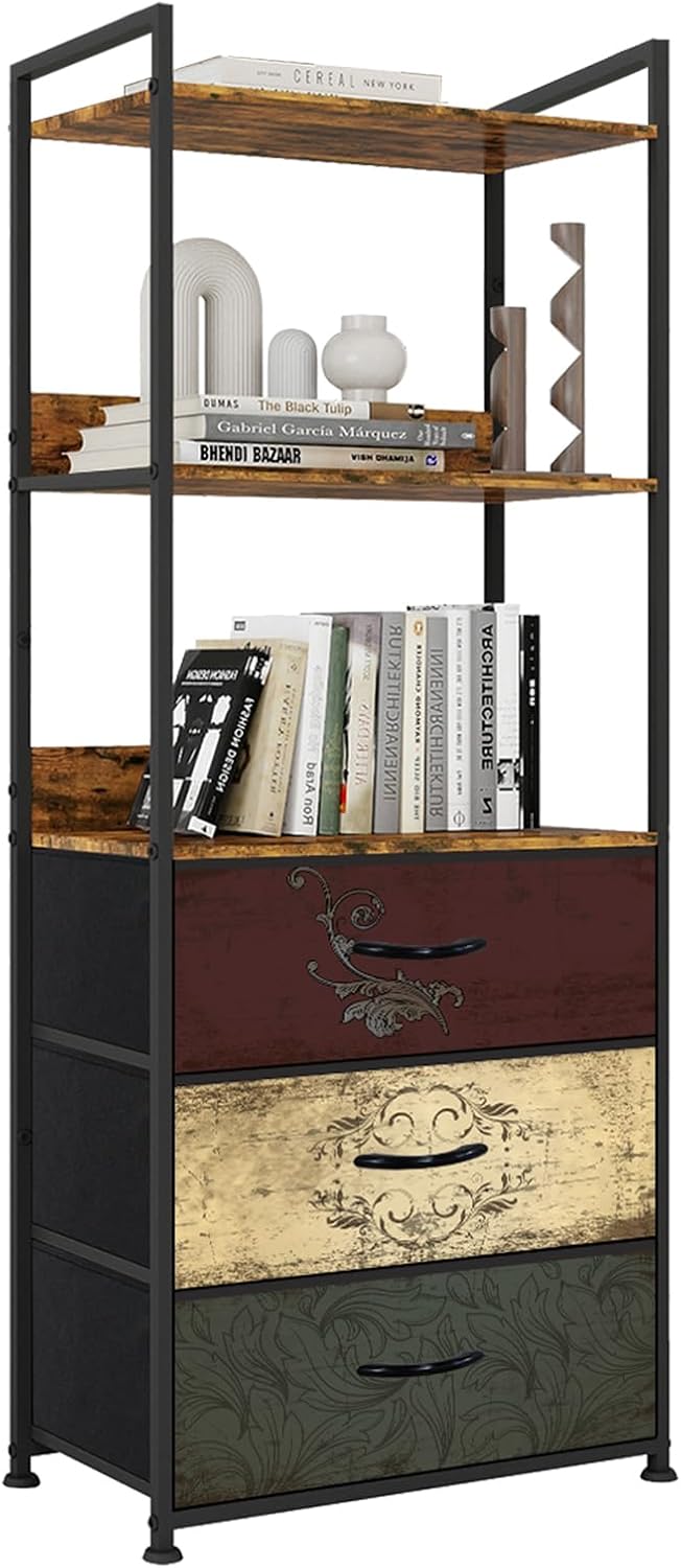 VASICAR Vertical Bookshelf with 3 Drawers, Narrow Bookcase with Shelves