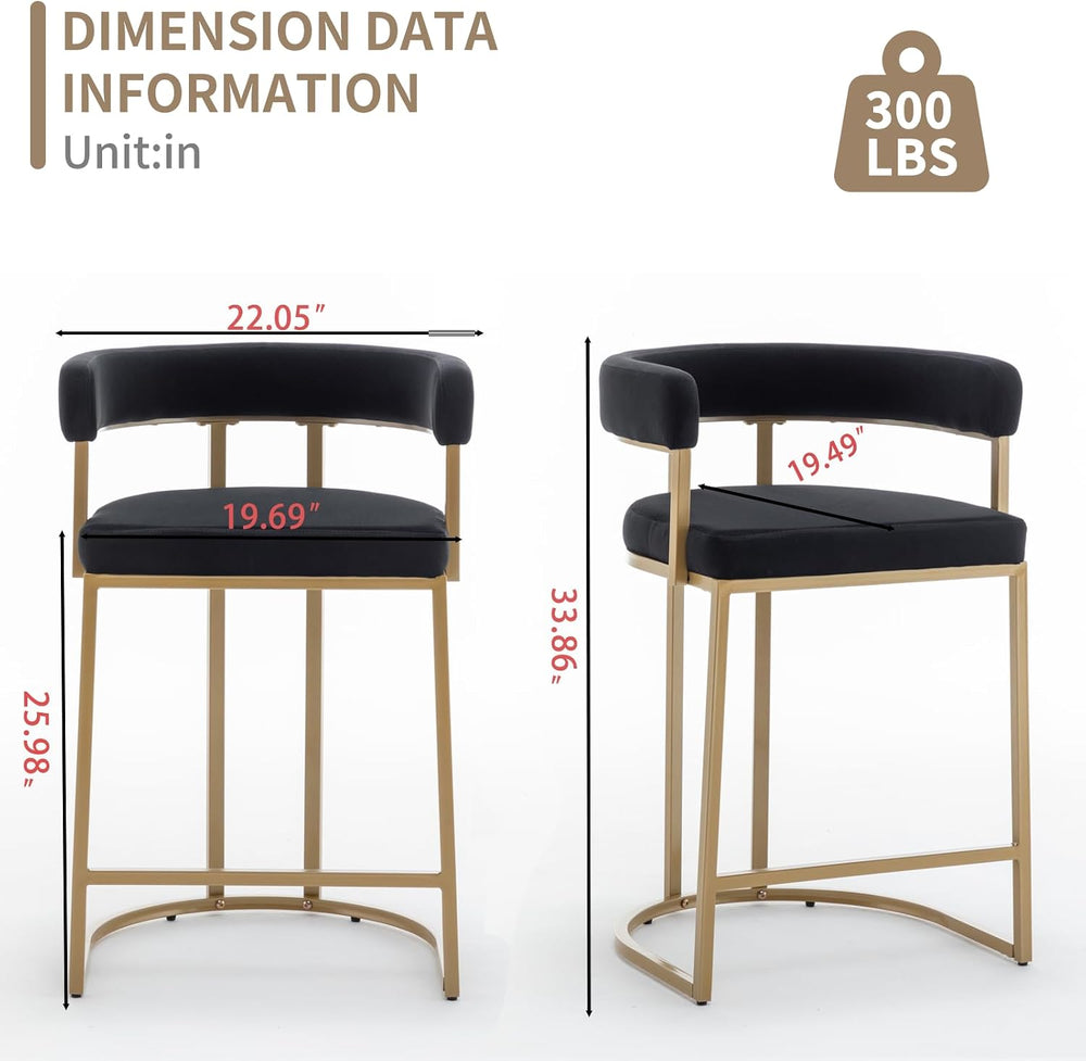 Gold Counter Height Bar Stools Set of 2, Modern Velvet Barstools with Barrel ...