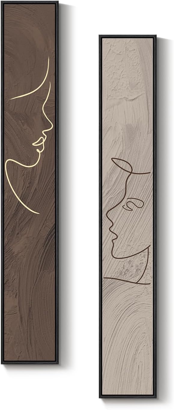 Large Framed Brown Beige Abstract Vertical Wall Art for Hallway, 2 Piece