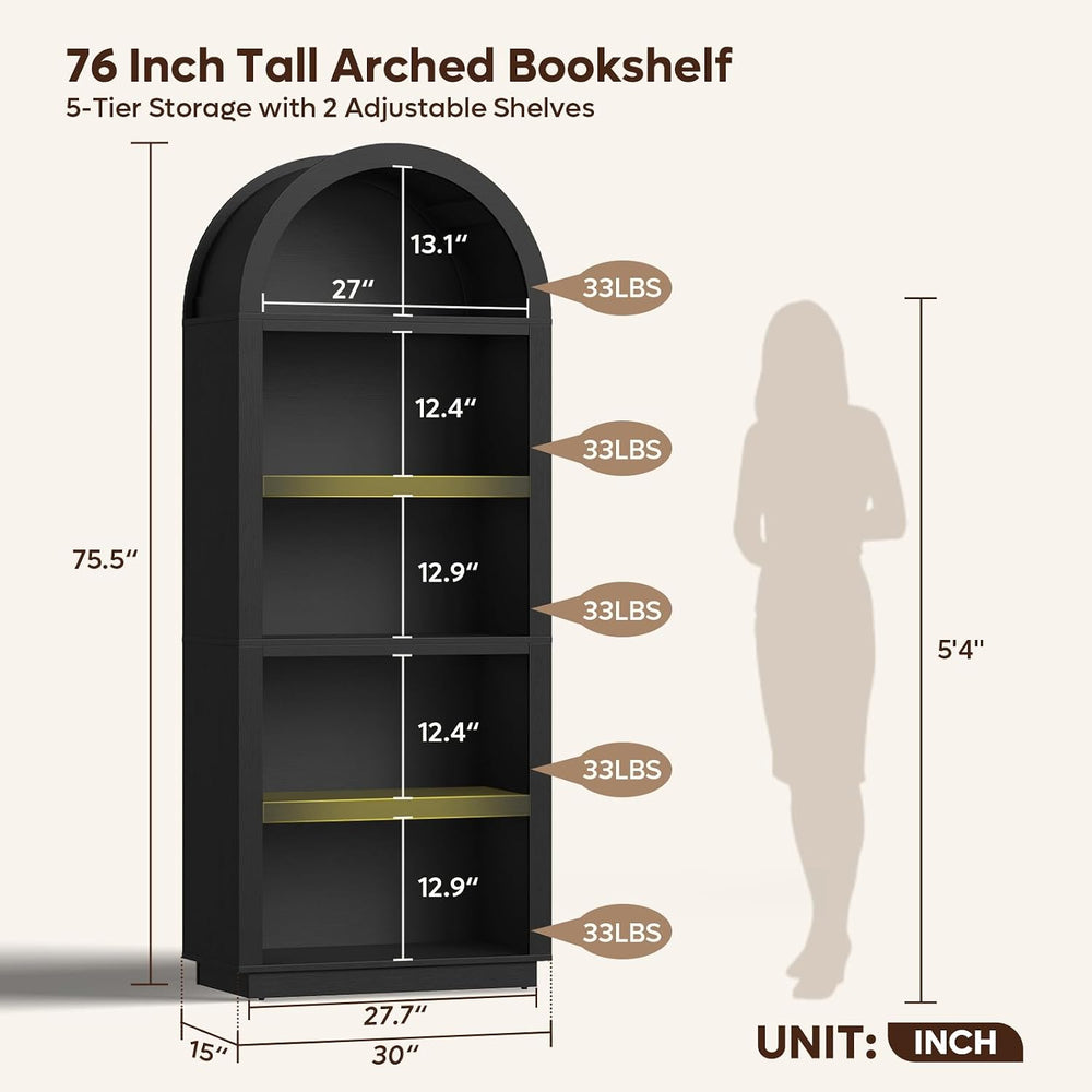 Bestier 76" Tall Arched Bookshelf with Adjustable 2 Book Shelves, Black Oak