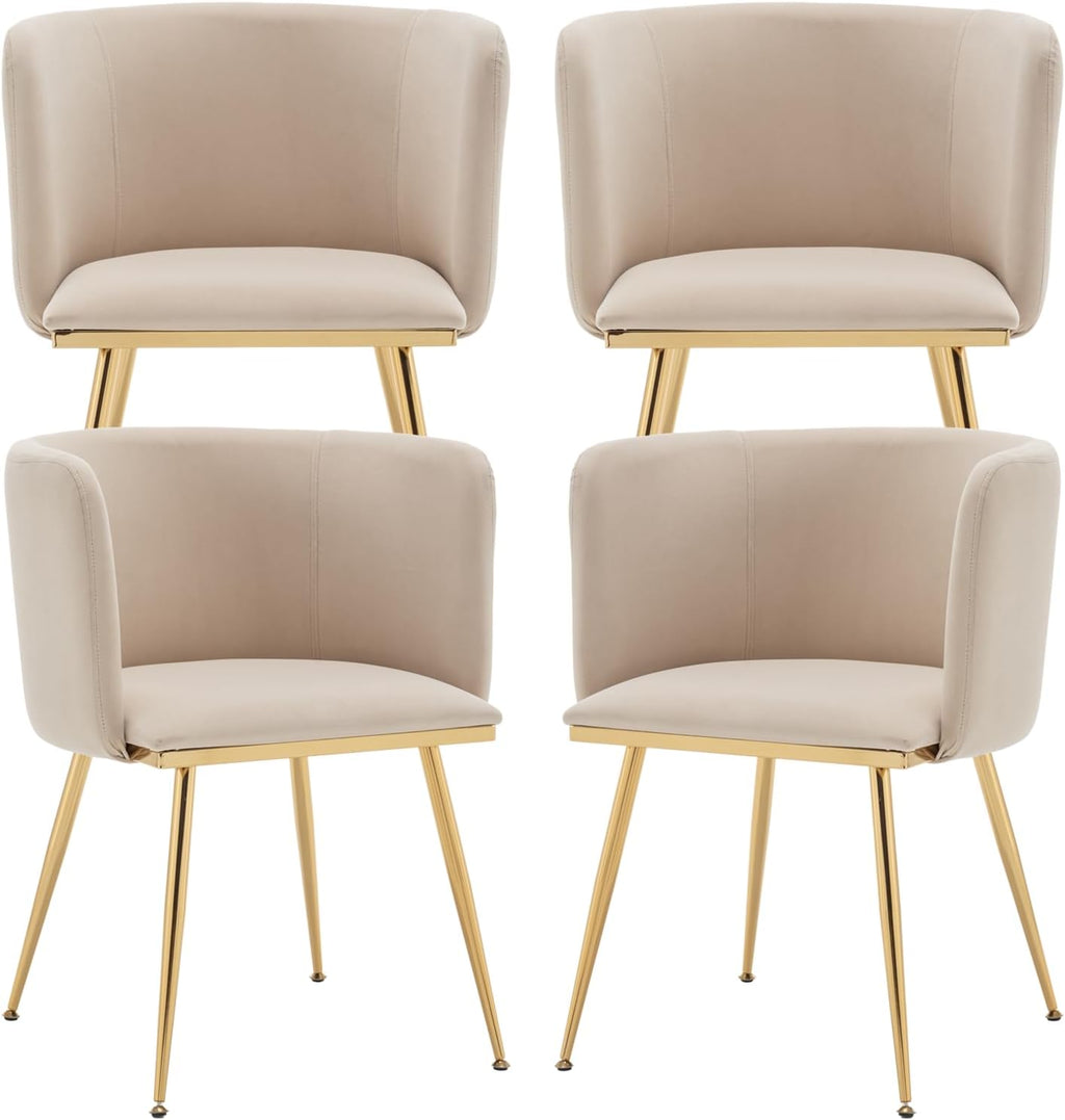 Canxkun Velvet Dining Chairs Set of 4, Barrel Dining Chairs with Gold Metal Legs, Modern Upholstered Dining Room Chair for Dining Room, Kitchen, Vanity (Beige)
