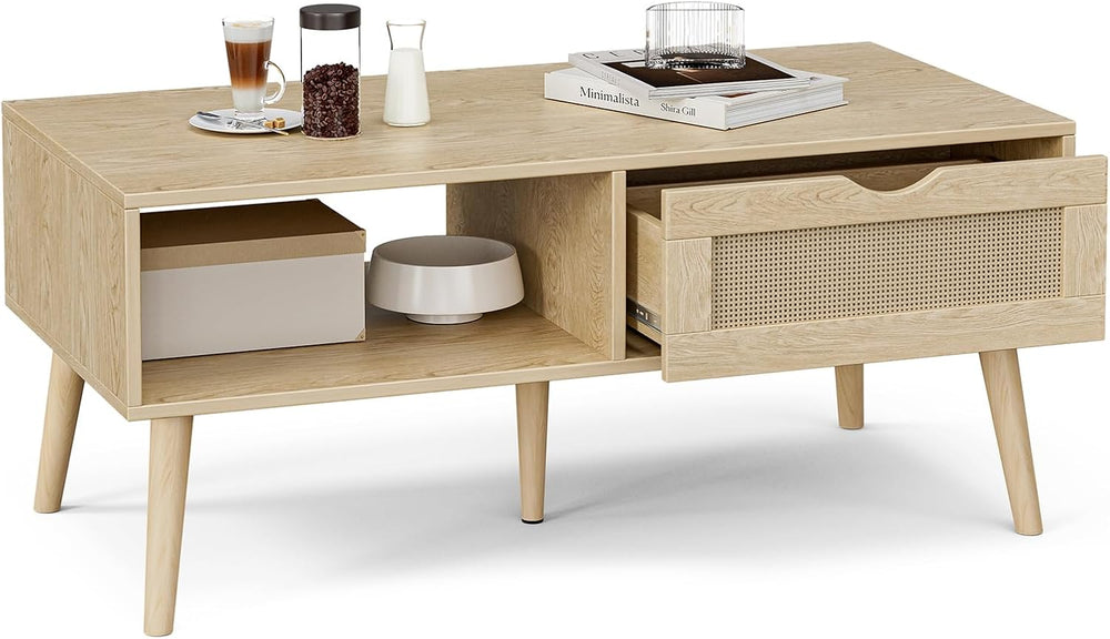 ZttRiee Rattan Coffee Table with Drawer, Boho, Natural