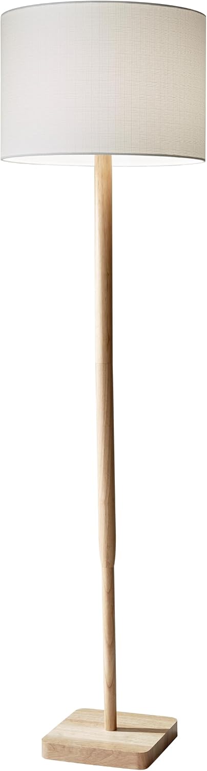 Adesso Floor Lamp, Natural Rubberwood & White Linen, 3-Way, 58.5”
