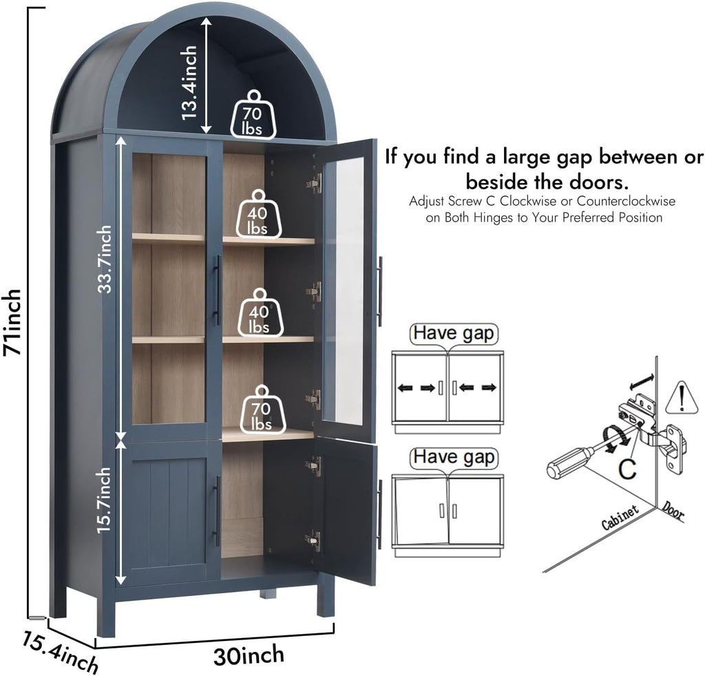 71" tall arched display cabinet with glass doors, close-up detail