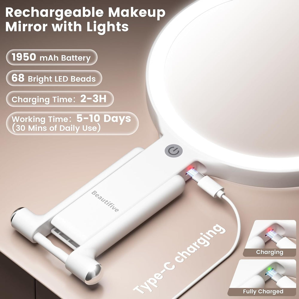 7.5" Large Travel Mirror with Light, Rechargeable 10X/1X Magnifying Mirror