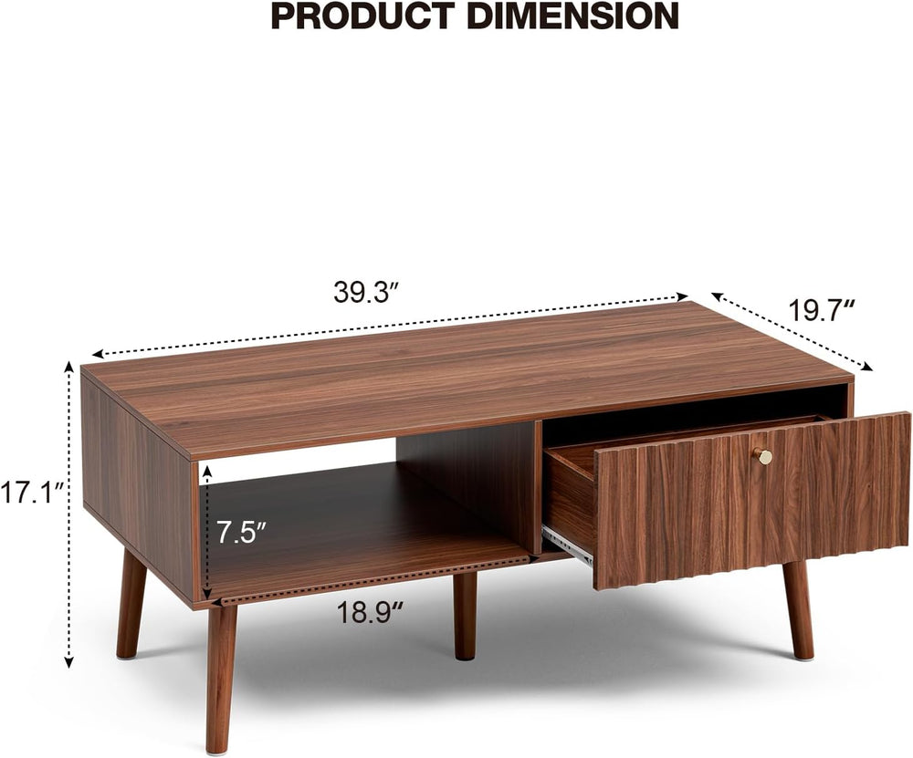 LCRBOL Coffee Table with Fluted Drawer, Mid-Century, Walnut
