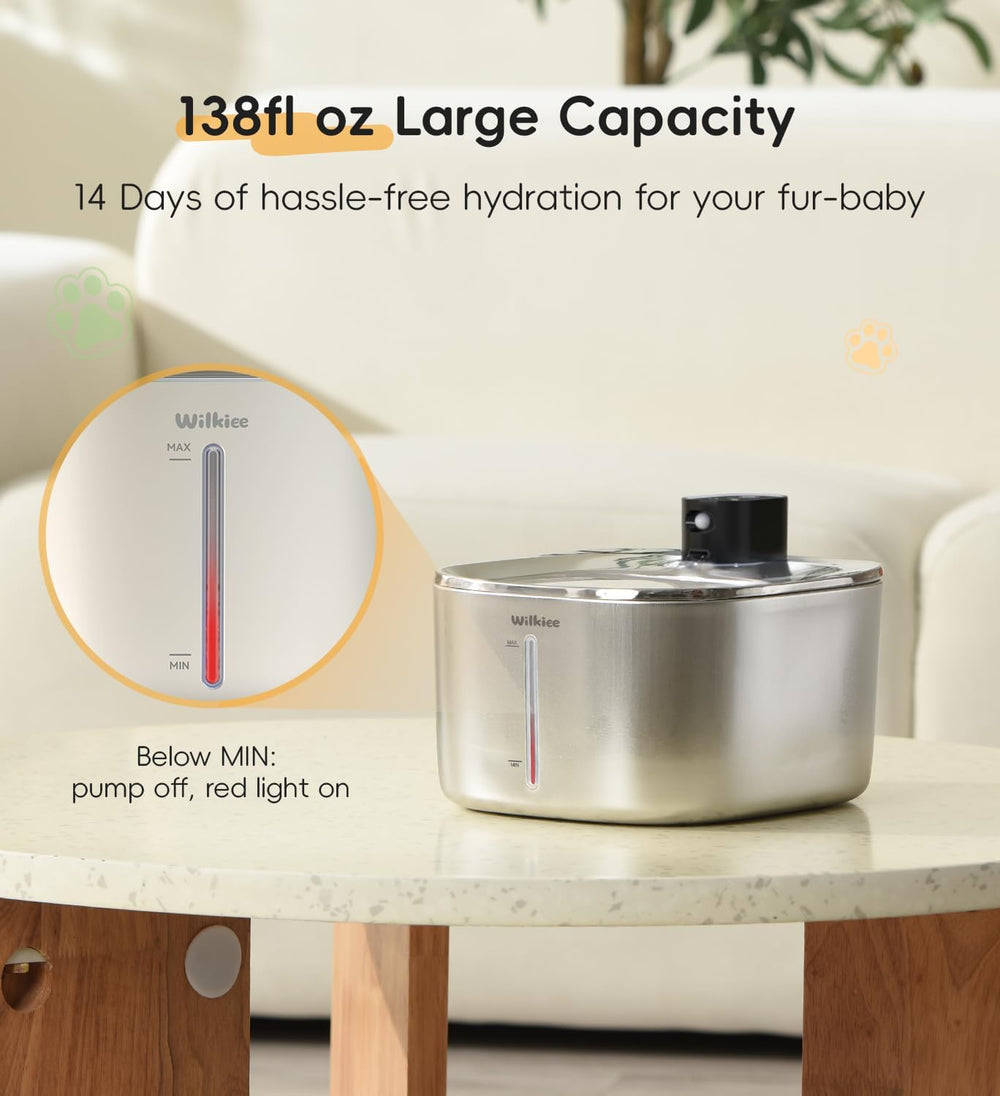 Cat Water Fountain Stainless Steel, 138fl.oz / 4.1L Cordless Cat Fountain