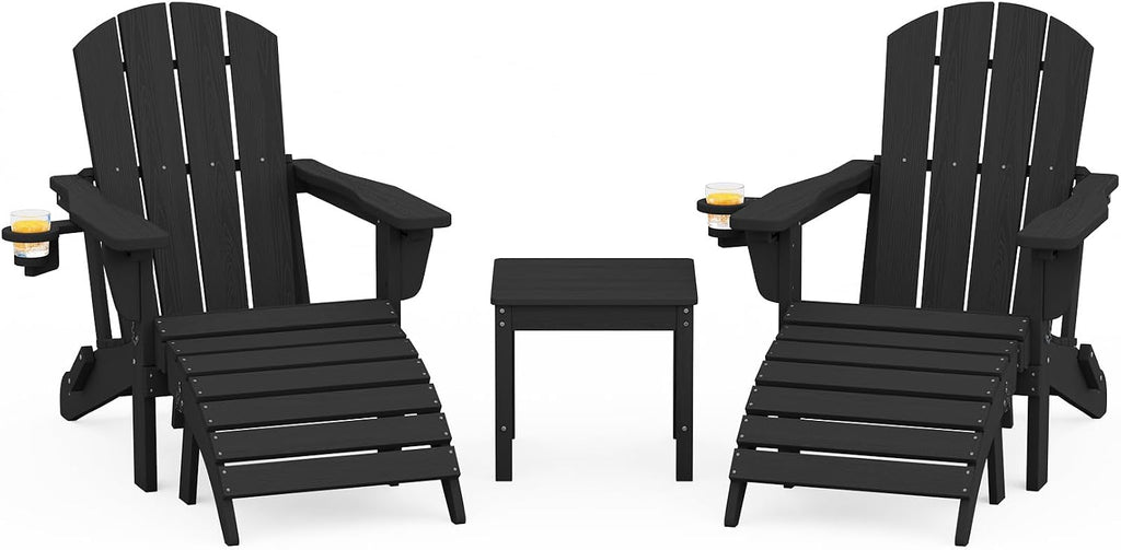 SERWALL 5-Piece HDPE Adirondack Chair and Ottoman and Table Set, Black