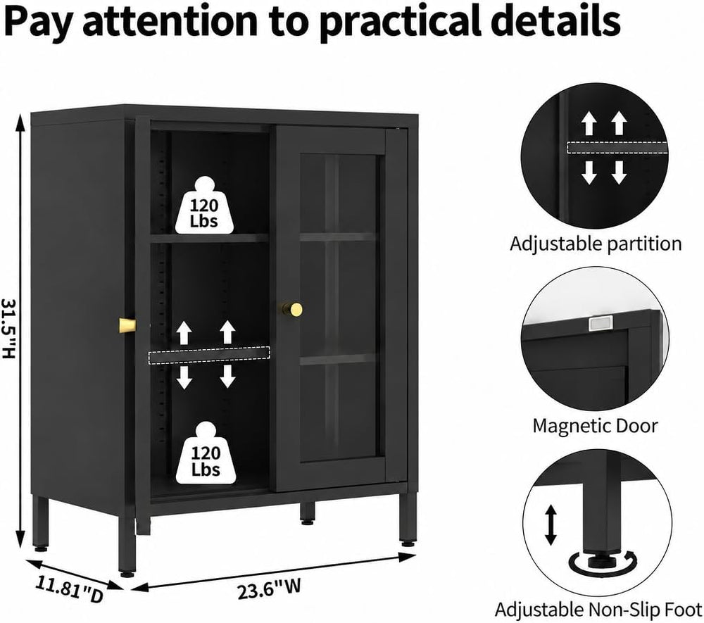 Black Metal Bathroom Glass Storage Cabinet, 2 Doors