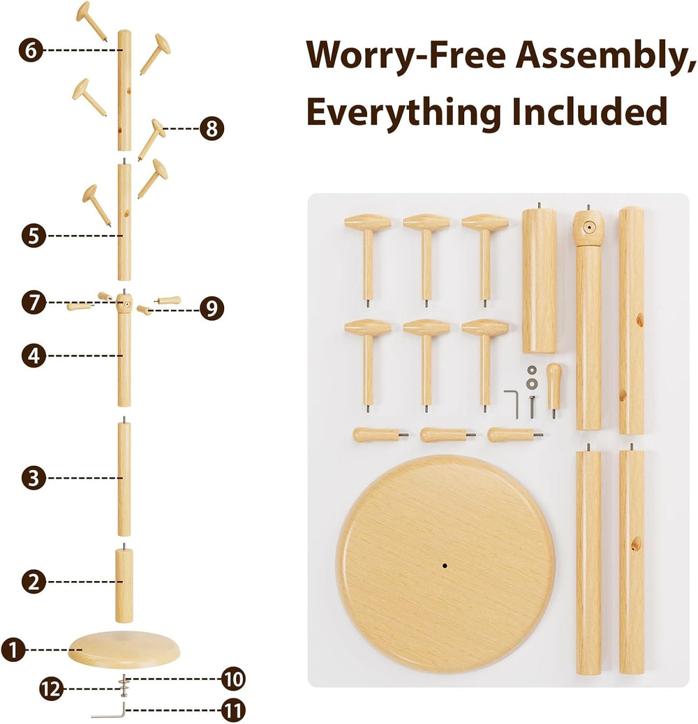 Taitiy Solid Wooden Coat Rack Stand Freestanding Hall Tree with 10 Hooks