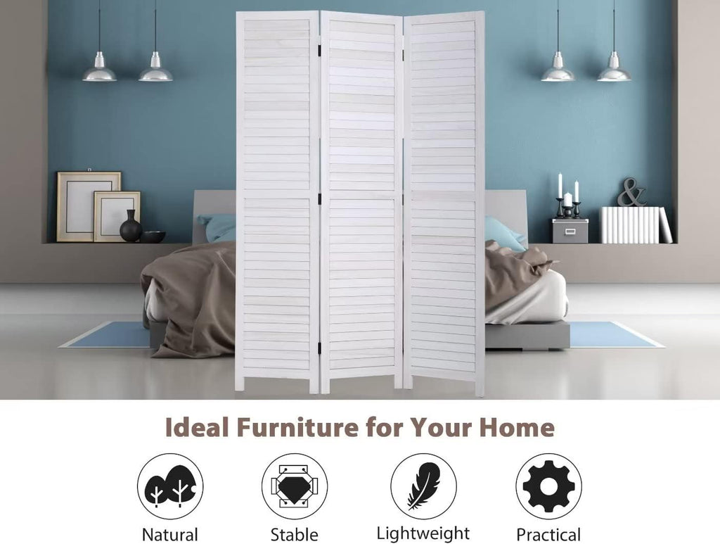 3-Panel Room Divider, 67" Tall Folding Privacy Screen with Louvered Wood Panels, Freestanding Partition for Bedroom Living Room Office, White