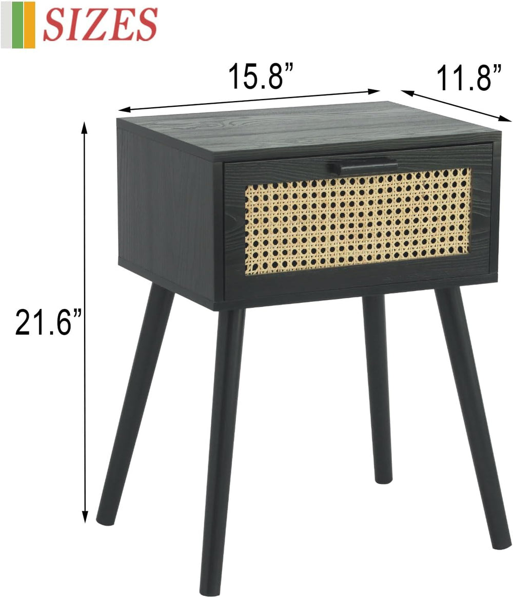 AWASEN Mid Century Modern Nightstand, Rattan Black Side Table with Drawer