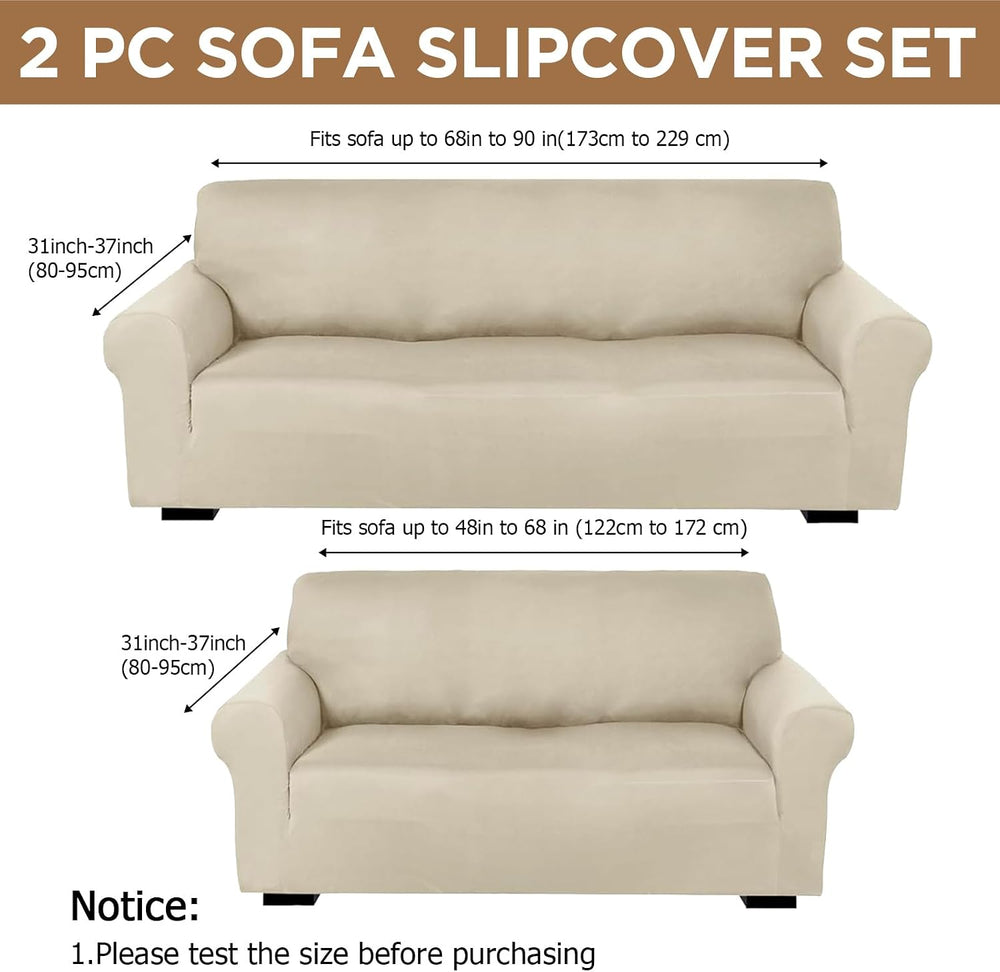 Peryiter 2 Pcs Couch and Loveseat Sofa Covers,Beige,Milk Silk