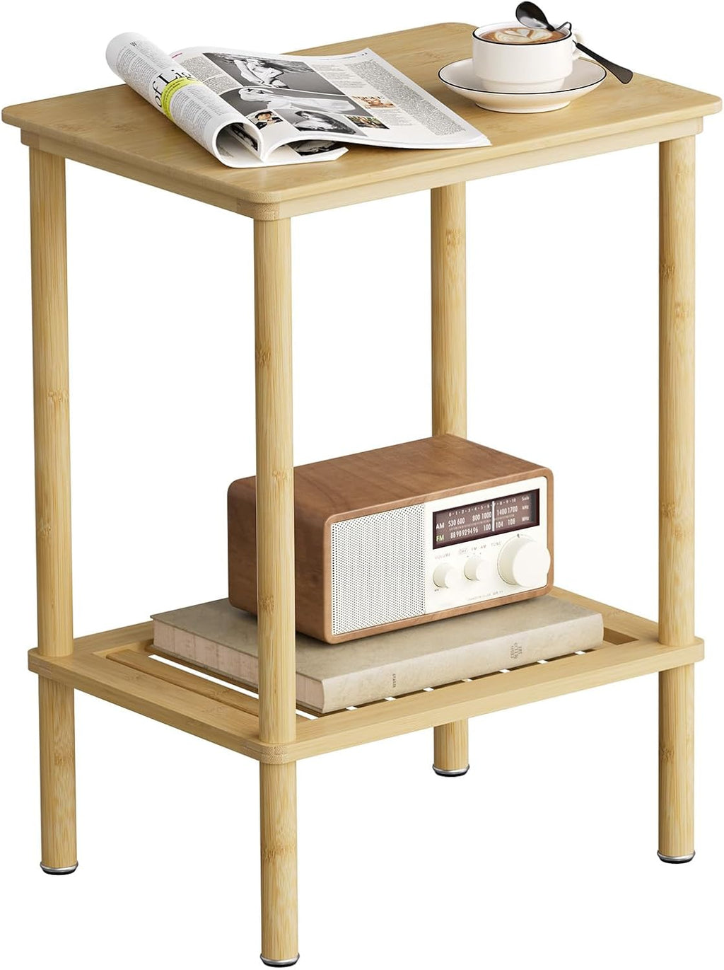2 Tier Bamboo Narrow End Table, No Tool Assembly Bedroom Bedside Table, Small Space Nightstand, Bathroom Storage, Sofa Side Table, Entryway Table