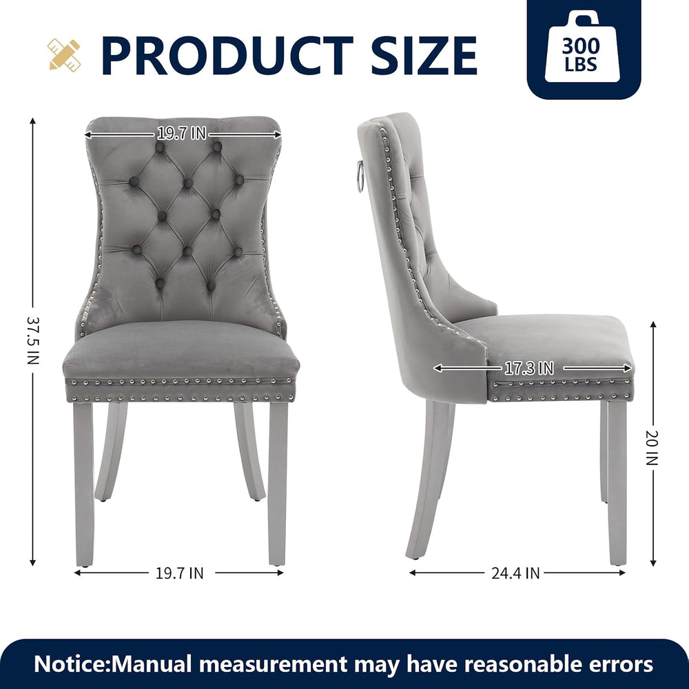 Grey Velvet Dining Chairs Set of 4, Ring Pull, Silver Solid Wood Legs