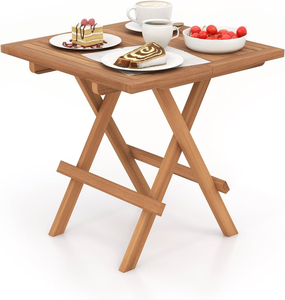 Tangkula Patio Folding Side Table, Teak Wood Square End Table with Slatted Ta...