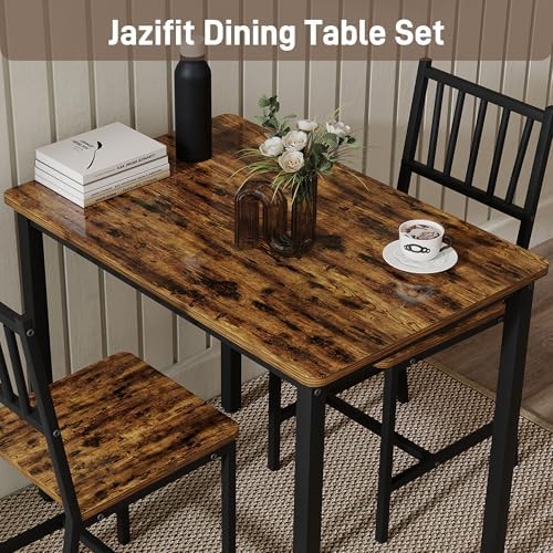 3-Piece Dining Table Set for 2, Space-Saving Kitchen Table Set for Small Spaces, Industrial Breakfast Table for Apartment, Studio & Nook, Natural Wood & Metal,Brown