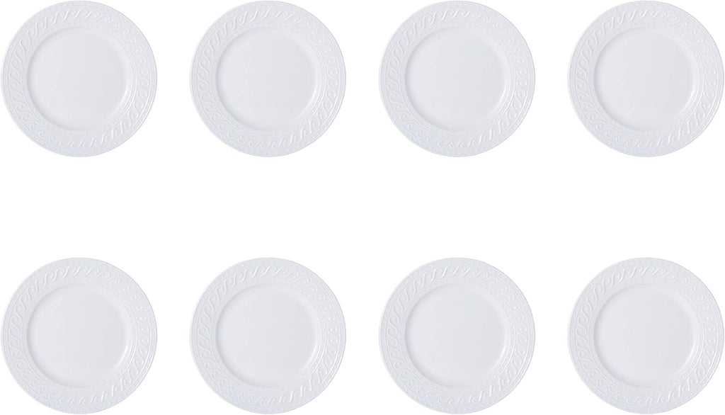 Pfaltzgraff Sylvia Dinnerware Set 32-Piece Service for 8 - White Porcelain Dinner Plates, Salad Plates, Soup Bowls and Mugs with Embossed Scrollwork