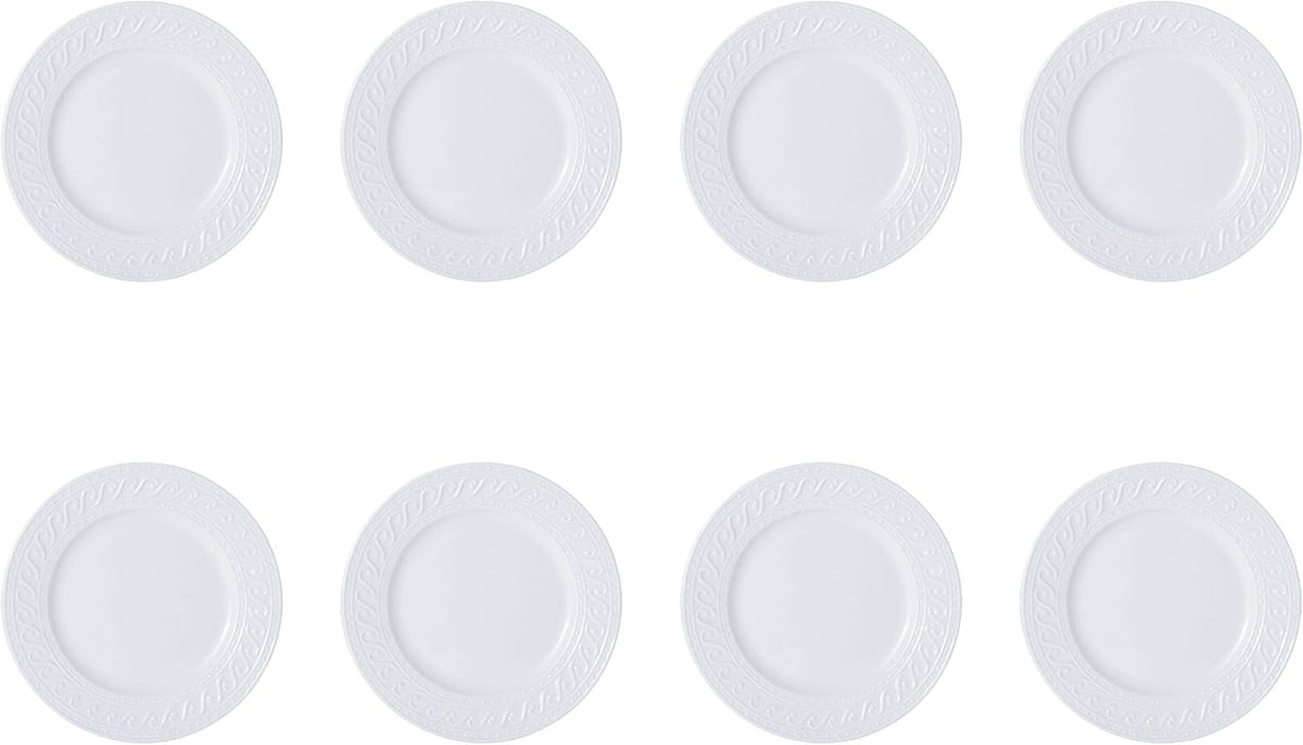 Pfaltzgraff Sylvia Dinnerware Set 32-Piece Service for 8 - White Porcelain Dinner Plates, Salad Plates, Soup Bowls and Mugs with Embossed Scrollwork