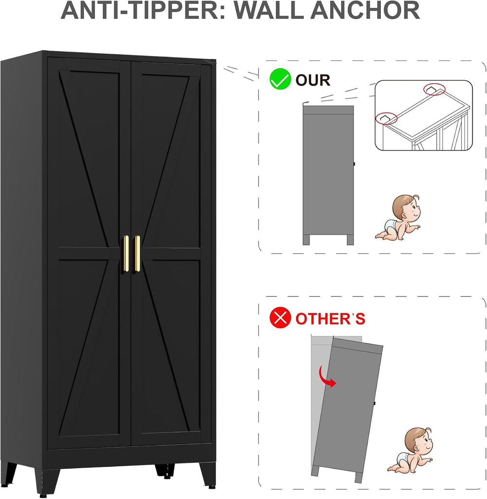 LCAOPC 71" Tall Metal Wardrobe Closet with Adjustable Shelves and Hangin...