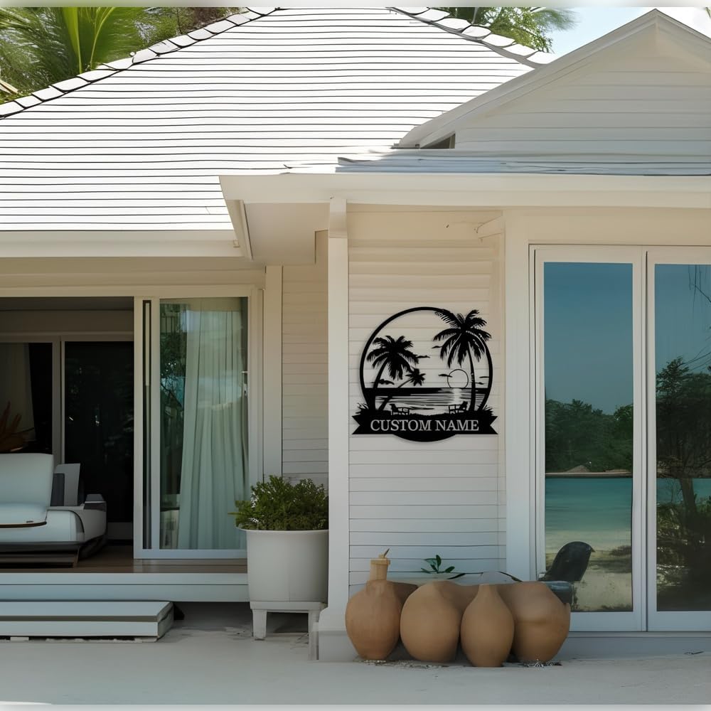 Personalized Sunset Metal Wall Sign, Custom Palm Tree Name Sign, Customized B...