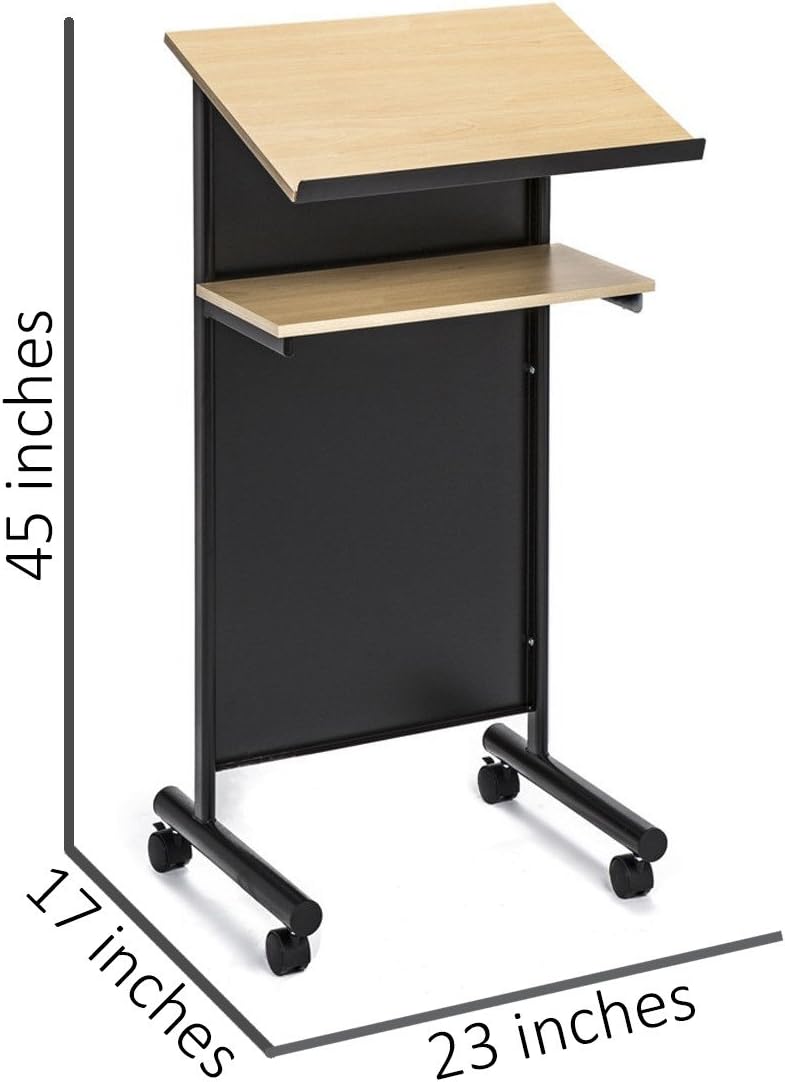 Audio-Visual Direct Wheeled Lectern - Standing Desk with Storage Shelf - Beec...