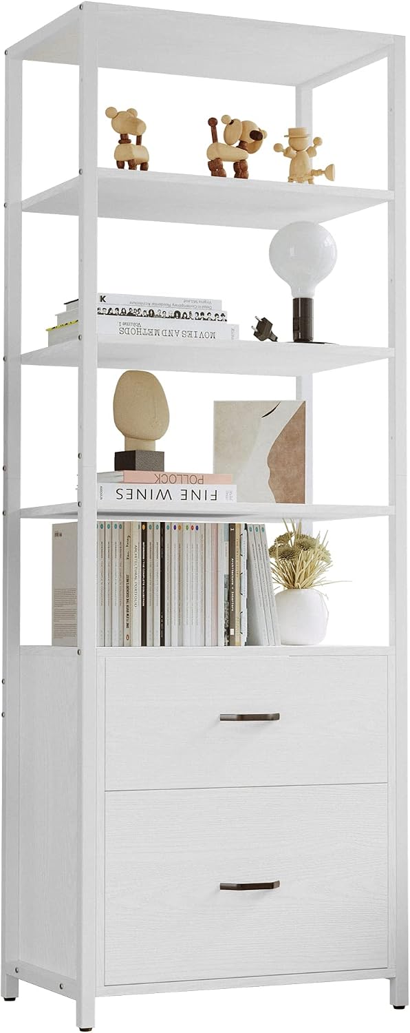 ironck industrial bookcase with file cabinet drawers, white shown in use