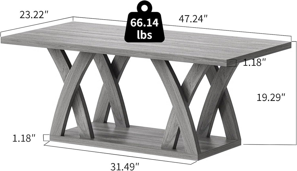 47" Farmhouse Coffee Table with Storage Shelf, Grey