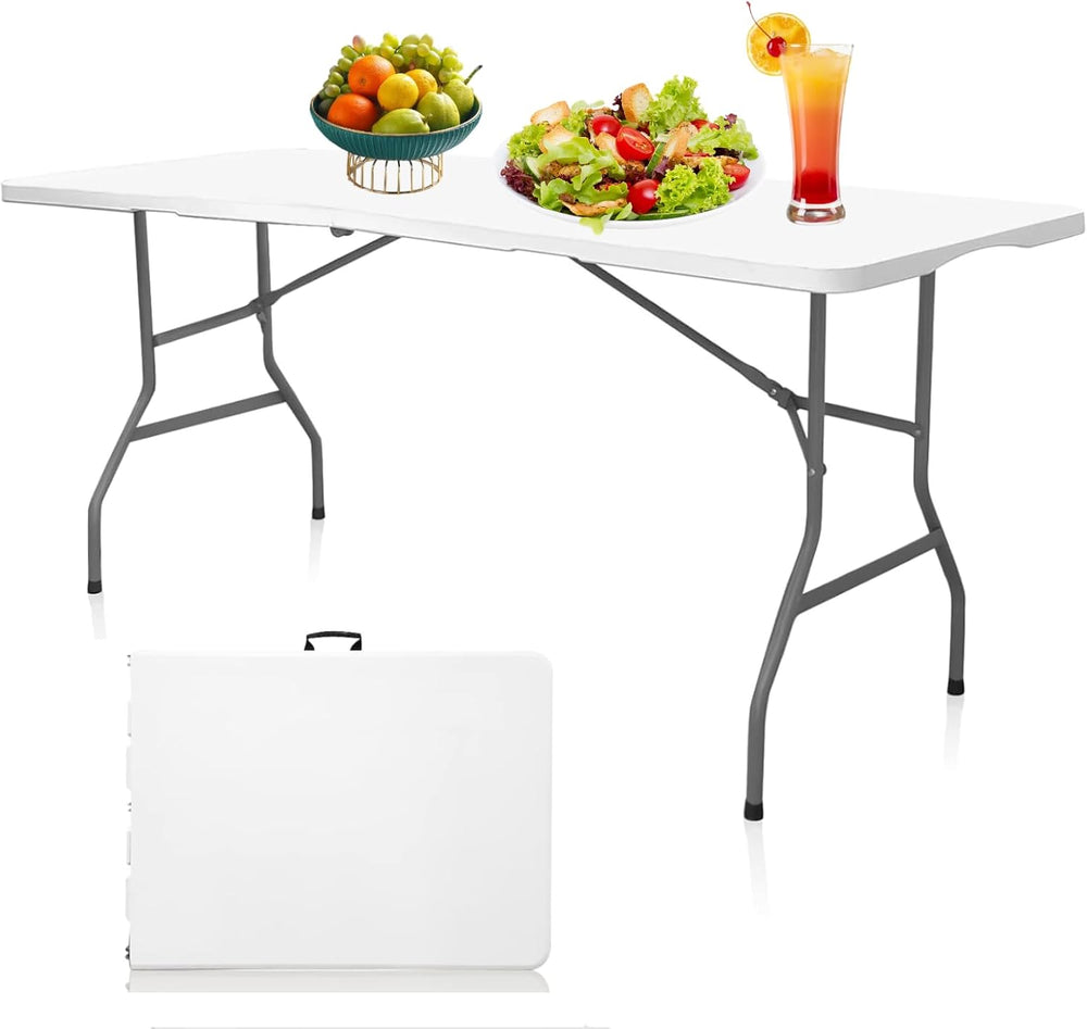 6FT Plastic Folding Table, Fold-in-Half with Carry Handle, White