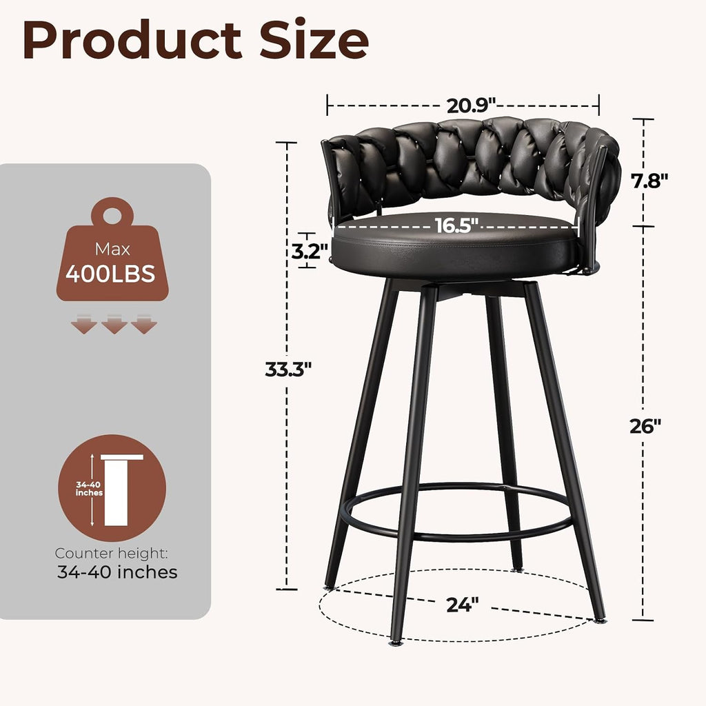 26" Counter Height Bar Stools Set of 3, Premium Faux Leather Barstools
