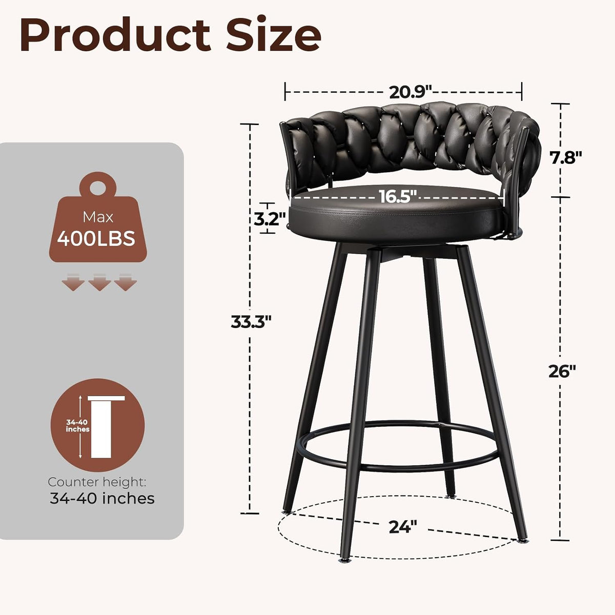 26" Counter Height Bar Stools Set of 3, Premium Faux Leather Barstools